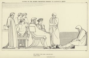 Odysseus am Herd stellt sich Alkinoos und Arete vor von John Flaxman
