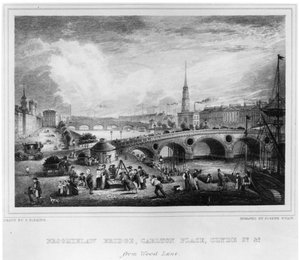 Broomielaw-Brücke, Carlton Place, Clyde St., Glasgow, graviert von Joseph Swan von John Fleming