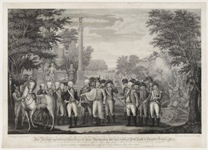 Die Briten übergeben ihre Waffen an General Washington nach ihrer Niederlage in York Town, Virginia, Oktober 1781 von John Francis (after) Renault