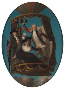 Kapitän Vincenzo Lunardi mit seinem Assistenten George Biggin und Mrs. Letitia Anne Sage in einem Ballon