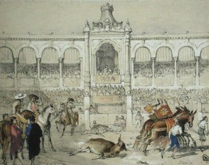 Stierkampf in Sevilla: Entfernen des toten Stiers aus der Arena, aus 