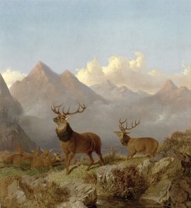 Detail von Hirschen und Hirschkühen in einer Hochlandlandschaft, 1864