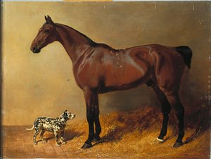 Ein brauner Jäger und ein gefleckter Hund in einem Stall von John Frederick Herring Senior