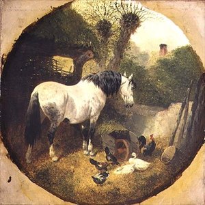 Ein Kaltblutpferd frisst Heu aus einer Schubkarre auf einem Bauernhof von John Frederick Herring Senior