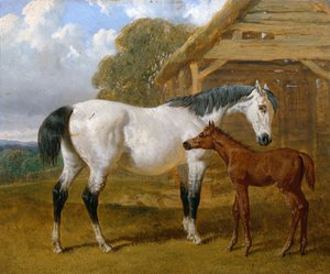 Eine Stute und Fohlen vor einer Scheune, 1854