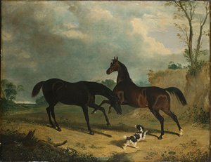 Jäger und ein Spaniel in einer bewaldeten Landschaft, 1835