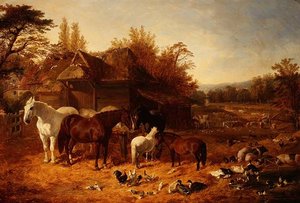 Der Bauernhof mit Pferden, Ponys, Berkshire Saddle Backs, Alderney Shorthorn Rindern und Geflügel von John Frederick Herring Senior