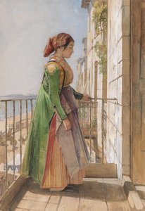Ein griechisches Mädchen auf einem Balkon stehend