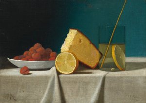 Stillleben mit Kuchen, Zitrone, Erdbeeren und Glas von John Frederick Peto
