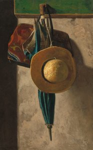 Strohhut, Tasche und Regenschirm, 1890frühe 1900er