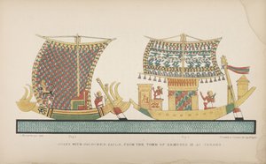 Boote mit farbigen Segeln, aus dem Grab von Ramses III. in Theben, Illustration aus "Sitten und Gebräuche der alten Ägypter...", 1837-41