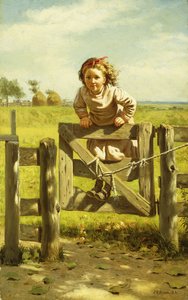 Junges Mädchen schaukelt an einem Tor von John George Brown