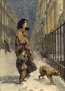 Die obdachlosen Armen, Mutter und Kind mit Hund im Schnee von John Gilbert