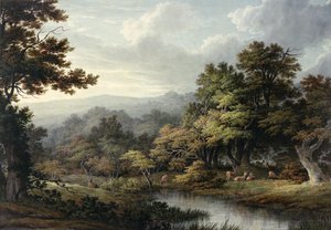 Waldlichtung mit Teich und Hirschen von John Glover