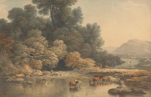 Hügelige Landschaft mit Fluss und Vieh von John Glover