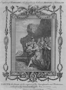 Knut der Große, auf Wunsch seiner Schmeichler und Schmeichlerinnen, lächerlich das Meer befehlend von John Hall