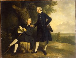 Doppelporträt von Thomas Somers Cocks und Richard Cocks von Castleditch, beide in voller Länge, der erste in einem blauen Mantel und Weste, der einen schwarzen Dreispitz hält, der zweite sitzt in einem blauen Mantel und Weste und hält ein Manuskript, in ei