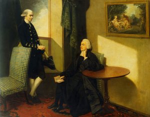 Doppelporträt des Reverend John Cocks und James Cocks, beide in voller Länge, der erste in geistlicher Kleidung auf einem blau-weiß gepolsterten Stuhl sitzend, der zweite in einem blauen Mantel und Weste, an einen ähnlichen Stuhl gelehnt, im Innenraum von John Hamilton Mortimer