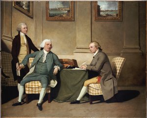 Gruppenporträt von Sergeant-At-Arms Bonfoy, seinem Sohn und John Clementson, Sen. von John Hamilton Mortimer
