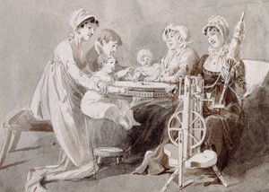 Eine Frau mit ihrer Familie am Spinnrad von John Harden