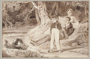 Vier Figuren unter den Bäumen an einem heißen Tag, 1807 von John Harden