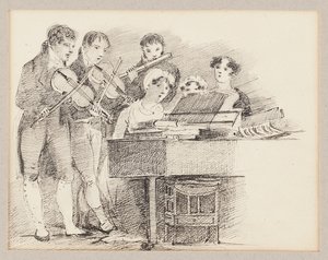 Pianist begleitet von Geigern und einem Flötisten von John Harden