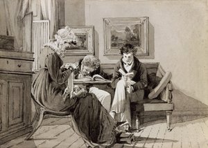 Soziales Interieur in Brathay Hall, Darstellung von Jessy Harden, Rev. Owen Lloyd und H. Almack, ca. 1827 von John Harden