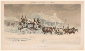 Kutsche mit sechs Pferden im Schnee in einer Winterlandschaft