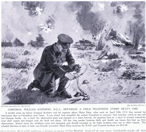 Korporal William Scothern RGA repariert ein Feldtelefon unter schwerem Beschuss, ausgezeichnet mit DCM Ypern Mai 1915 von John Harris Valda