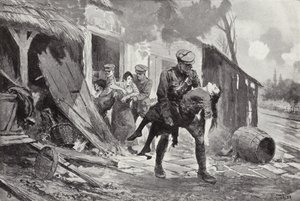 Gunner J Rafferty trägt eine verwundete Frau in Sicherheit aus einem Bauernhaus, das beschossen wurde, Erster Weltkrieg von John Harris Valda