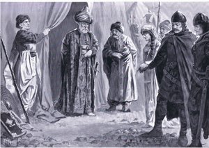 Ivan Shishman III übergibt seine Schwester an Sultan Murad I, AD1366, aus Hutchinsons Geschichte der Nationen (Band 4), veröffentlicht von Hutchinson, ca. 1920 von John Harris Valda