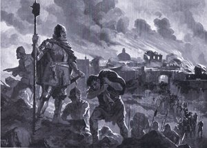 Iwan der Schwarze setzt Zhabliak in Brand 1484, aus Hutchinsons Geschichte der Nationen (Band 4) veröffentlicht von Hutchinson, ca. 1920 von John Harris Valda