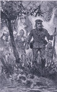 Livingstone schoss auf den Löwen, aber der Löwe griff ihn an, biss seine Schulter und brach seinen linken Arm, Newnes Pictorial Knowledge von John Harris Valda