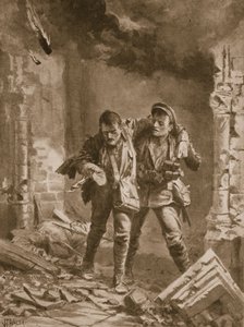 Private A.E. Walker hilft einem verwundeten Kameraden aus einer brennenden Kirche, die als Krankenhaus genutzt wurde von John Harris Valda