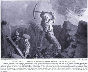 Sapper Pollitt gräbt einen Verbindungsschützengraben unter schwerem Beschuss auf der Halbinsel Gallipoli, Juni 1915 von John Harris Valda