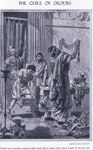 Die List des Oroetes: acht Truhen mit Steinen und einer Schicht Gold obenauf, dem Boten von Polykrates gezeigt, ca. 1950