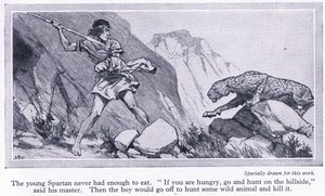 Der junge Spartaner hatte nie genug zu essen. Sie wurden in die Hügel geschickt, um zu jagen, ca. 1950 von John Harris Valda
