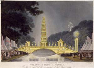 Die chinesische Brücke beleuchtet in der Nacht der Friedensfeier