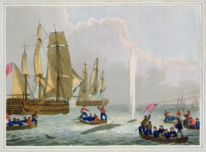 Boote nähern sich einem Wal, graviert von Matthew Dubourg, veröffentlicht von Edward Orme, 1813 von John Heaviside Clark