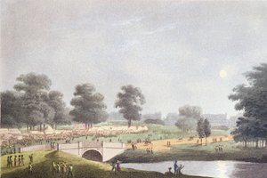 Die Ansicht des Jahrmarkts im Hyde Park, graviert von Matthew Dubourg, 1. August 1814 (kolorierter Kupferstich)