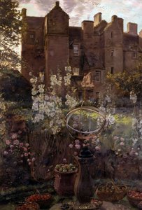 Kellie Castle, Fife, Schottland. Schottisches Schloss mit Stillleben aus Skulptur und Obstkorb im Vordergrund. Gemälde von John Henry Lorimer (1856-1936)