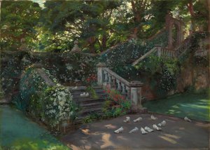 Die goldene Stunde: Die westliche Treppe zur oberen Terrasse in Balcaskie, Fife