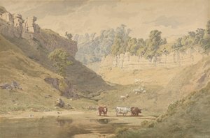 Rinder an einer Wasserstelle in einem Tal, 1830-86 von John Henry Mole