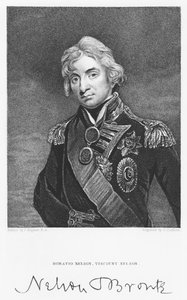 Porträt von Admiral Horatio Nelson mit seiner Unterschrift, graviert von John Cochran (fl. 1821-65) von John Hoppner