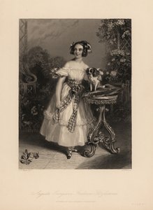 Augusta Georgina Frederica Fitzclarence, Tochter von Lord Frederic Fitzclarence, unehelicher Sohn von König Wilhelm IV. Sie trägt ihr Haar in Locken und Bändern, ein schulterfreies Kleid mit einer Schleife und hält einen King-Charles-Spaniel auf einem Kiss von John James (after) Chalon