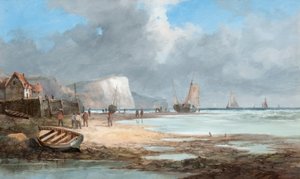 Meereslandschaft mit Fischerbooten und einem Haus von John James Wilson