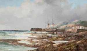 Ohne Titel [Angedocktes Segelschiff mit Dorf im Hintergrund]