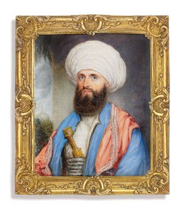 James Silk Buckingham (1786-1855), in weißem Hemd mit hellblauem Mantel, rosa besticktem Schal um die Schultern und weißem Turban mit einem Dolch im Kummerbund, Landschaftshintergrund mit einer Moschee