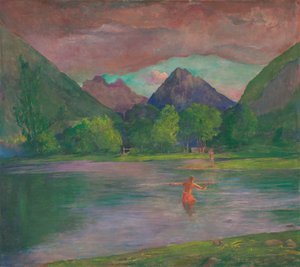Der Eingang zum Tautira-Fluss, Tahiti. Fischer, der einen Fisch speert von John La Farge