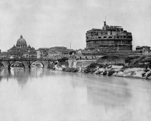 San Angelo Schloss und Brücke über den Tiber, im Hintergrund: Basilika Sankt Peter in Rom von John Lawson Stoddard